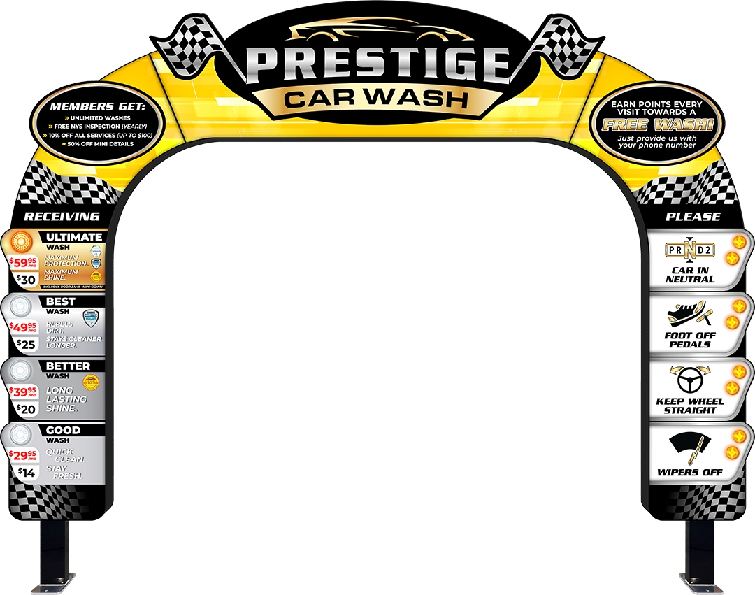 Climax Arch Entry car wash arch with Avalanche theme graphics from ABC Wash Systems.