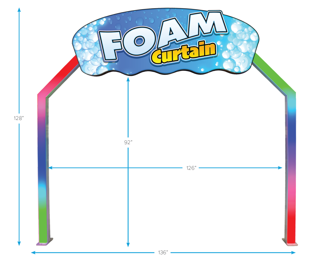 Dimensions for Car Wash Glow Arch with Foam Curtain Top by ABC Wash Systems.