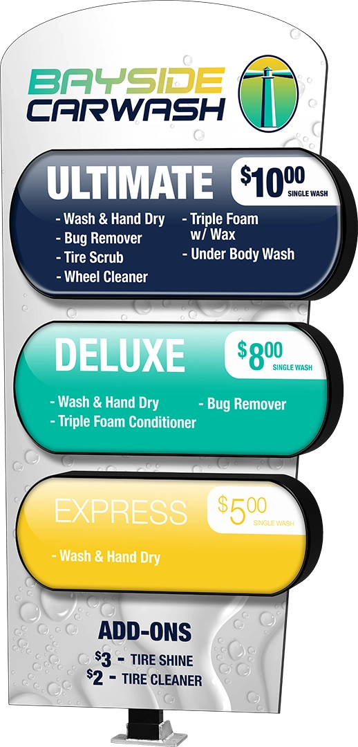 Die-Cut Car Wash Menu from ABC Wash Systems.
