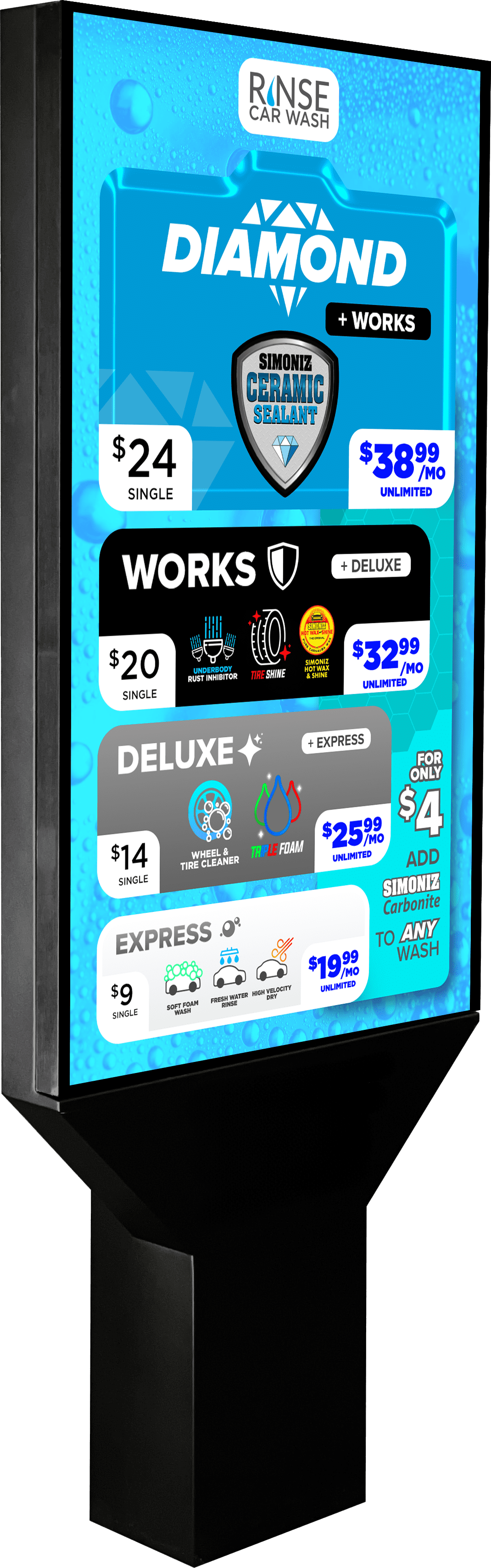 Car Wash Digital Sign Pro 55" and Custom Branded 3M Decal by ABC Wash Systems.