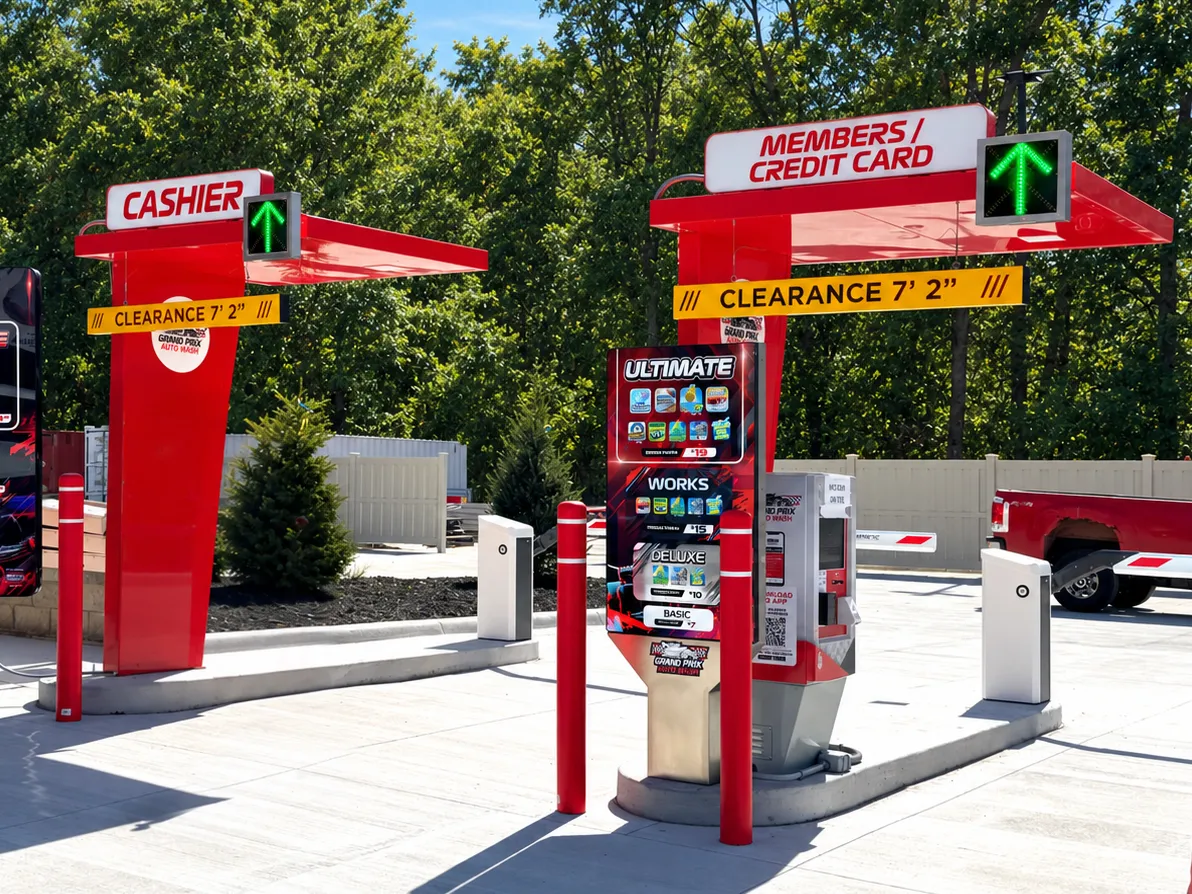 Shift Canopy Pay Station with Illuminated Logo, Clearance Bar, and Recessed Lighting, and optional Xl Illuminated Sign Topper by ABC Wash Systems.