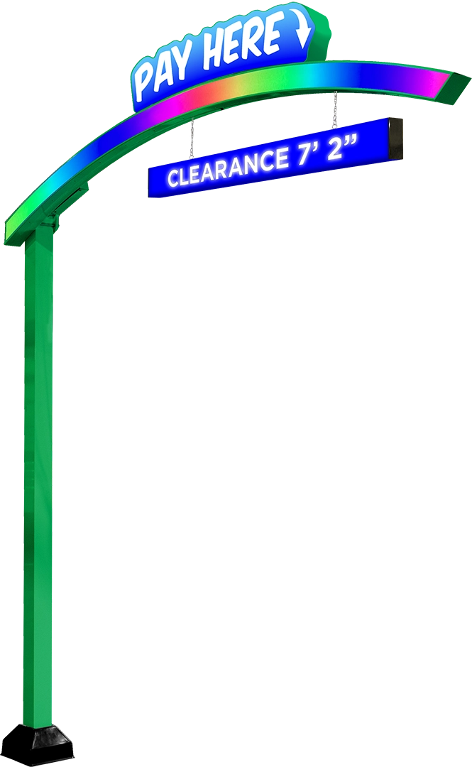 Illuminated Curved Clearance Structure with Clearance Bar and optional Illuminated Die-Cut Sign Topper from ABC Wash Systems.