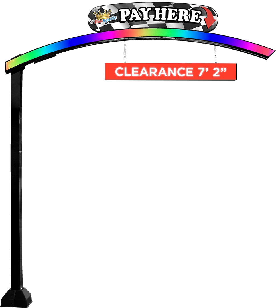 Illuminated Curved Clearance Structure with Clearance Bar and optional Illuminated Die-Cut Sign Topper from ABC Wash Systems.