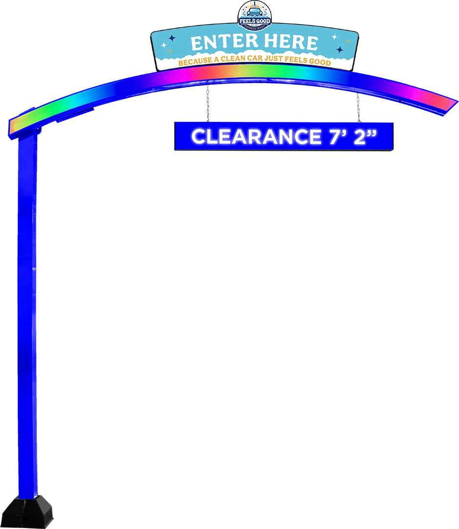 Illuminated Curved Clearance Structure with Clearance Bar and optional Illuminated Die-Cut Sign Topper from ABC Wash Systems.