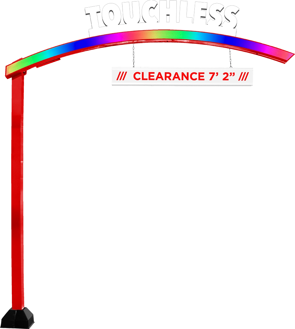 Illuminated Curved Clearance Structure with Clearance Bar and optional Illuminated Die-Cut Sign Topper from ABC Wash Systems.