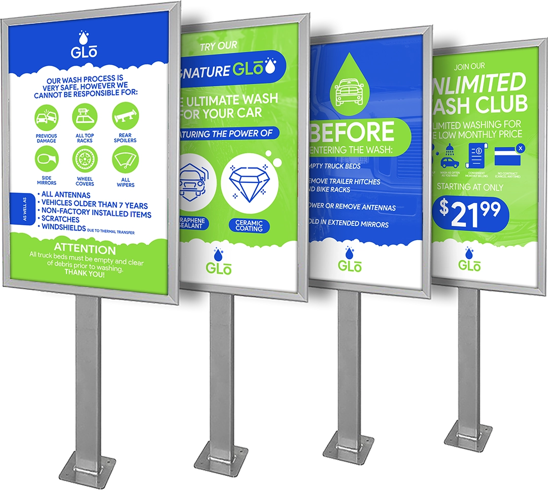 Pedestal Snap-Open Promo Package with 4x Frames and 4x Styrene Inserts from ABC Wash Systems.