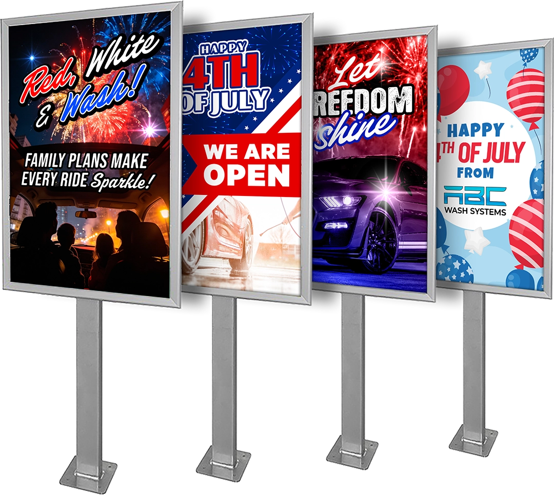 Pedestal Snap-Open Promo Package with 4x Frames and 4x Styrene Inserts from ABC Wash Systems.