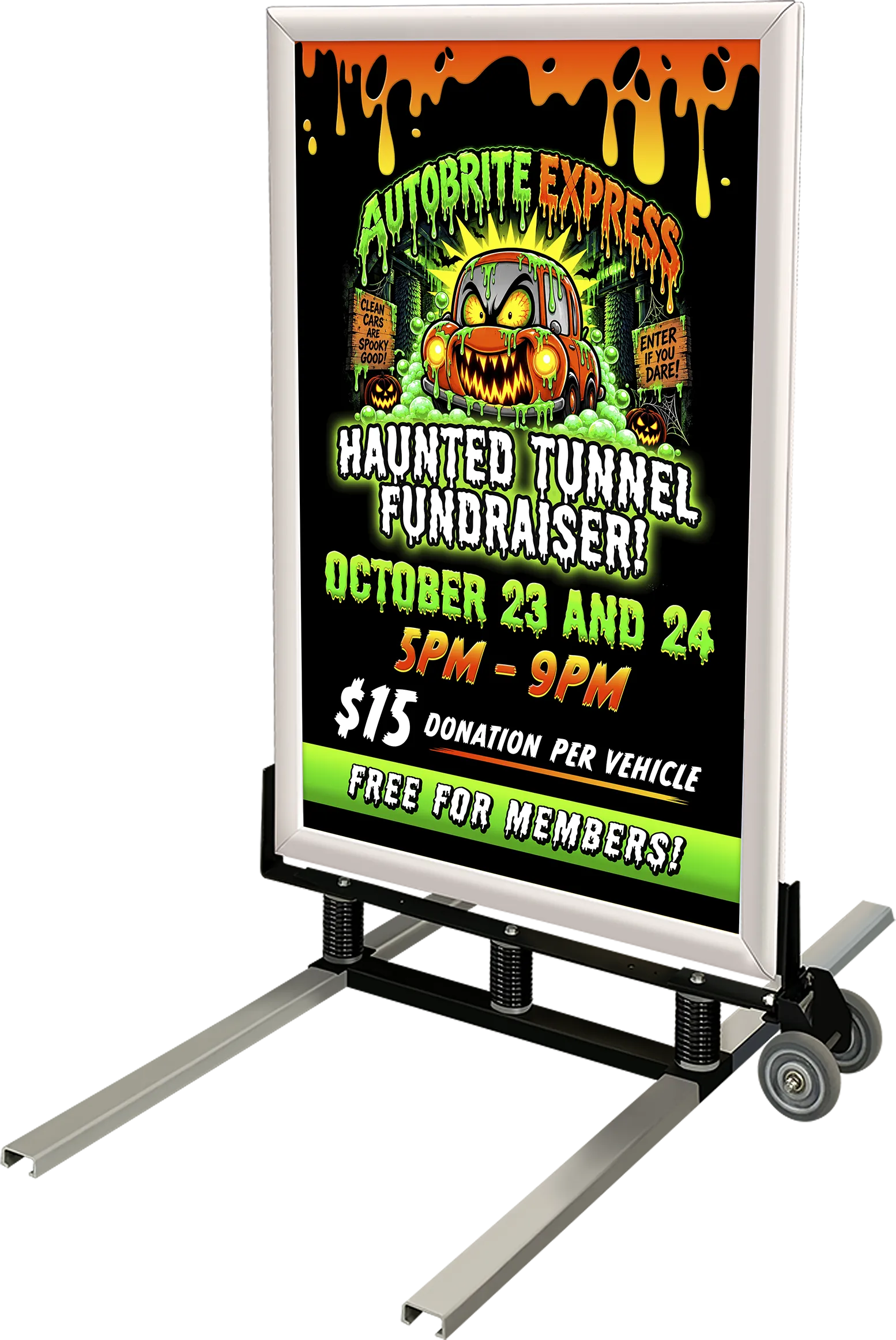 Windmaster Sign Frame with Optional Custom Styrene Insert and Rolling Kit from ABC Wash Systems.