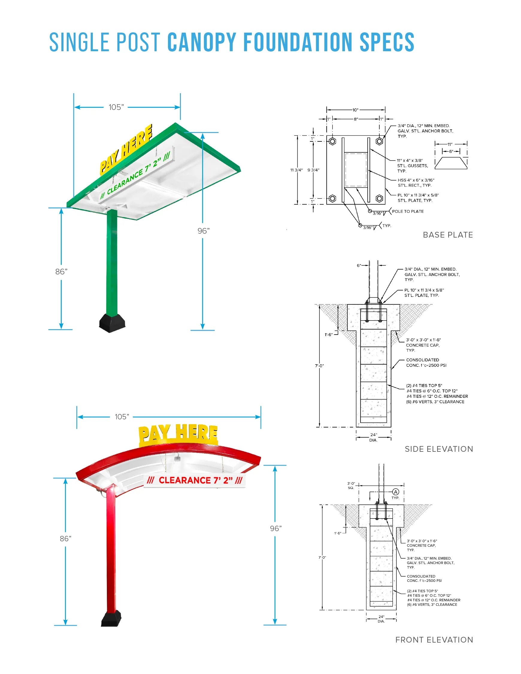 Single Post Canopy Pay Station Foundation Specifications by ABC Wash Systems.