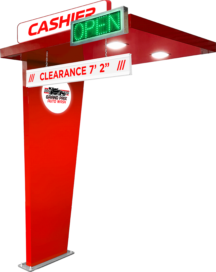 Shift Canopy Pay Station with Illuminated Logo, Clearance Bar, and Recessed Lighting, and optional Xl Illuminated Sign Topper by ABC Wash Systems.