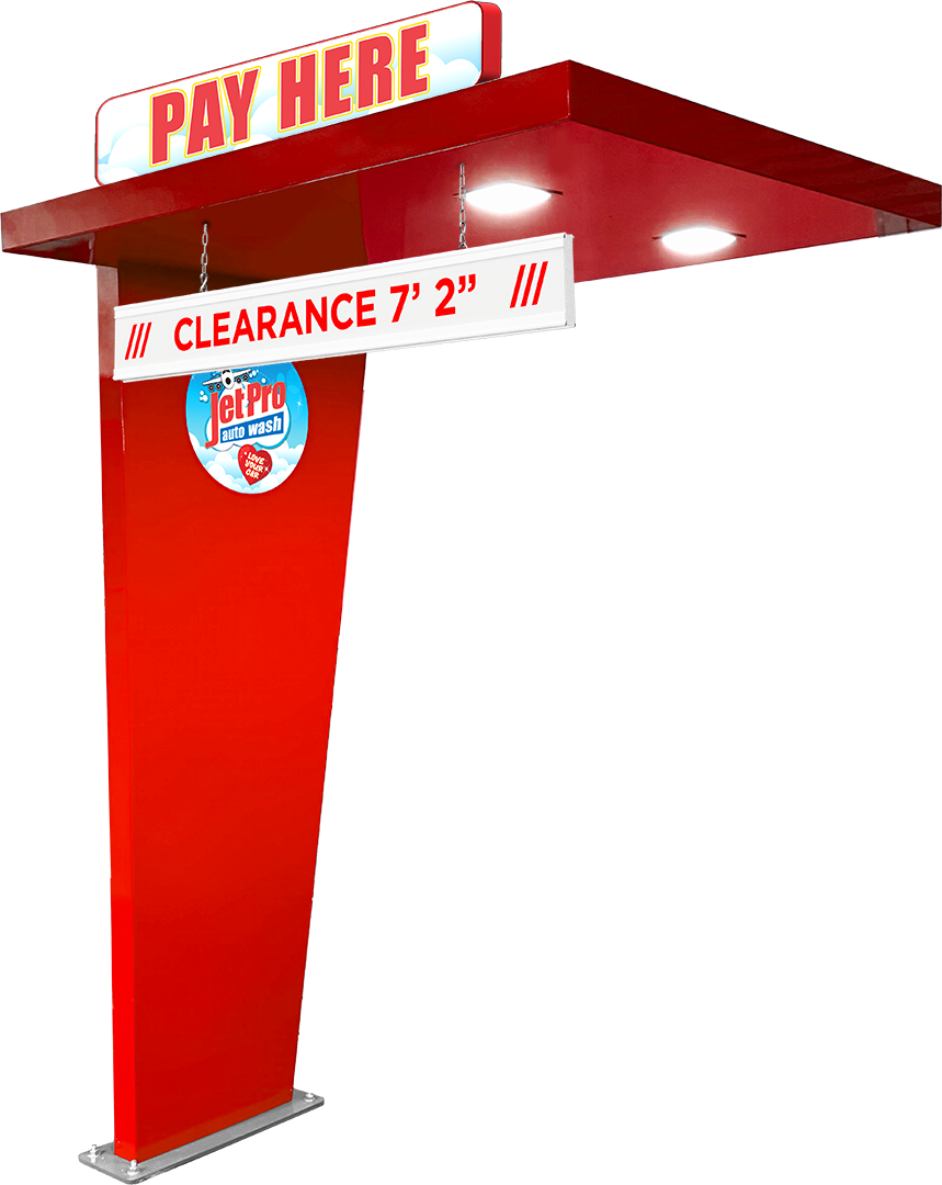Shift Canopy Pay Station with Illuminated Logo, Clearance Bar, and Recessed Lighting, and optional Xl Illuminated Sign Topper by ABC Wash Systems.
