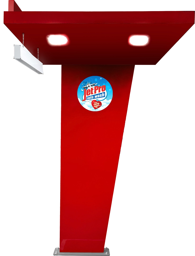 Shift Canopy Pay Station with Illuminated Logo, Clearance Bar, and Recessed Lighting, and optional Xl Illuminated Sign Topper by ABC Wash Systems.