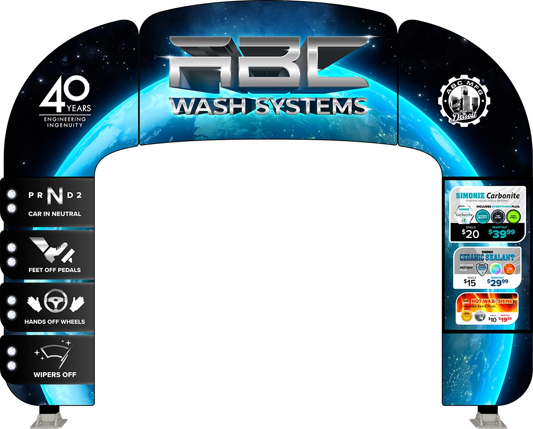 Digital Mega Arch Entry for car wash applications by ABC Wash Systems. Sunset theme with purple, pink, and orange gradient color scheme and Samsung digital screen.