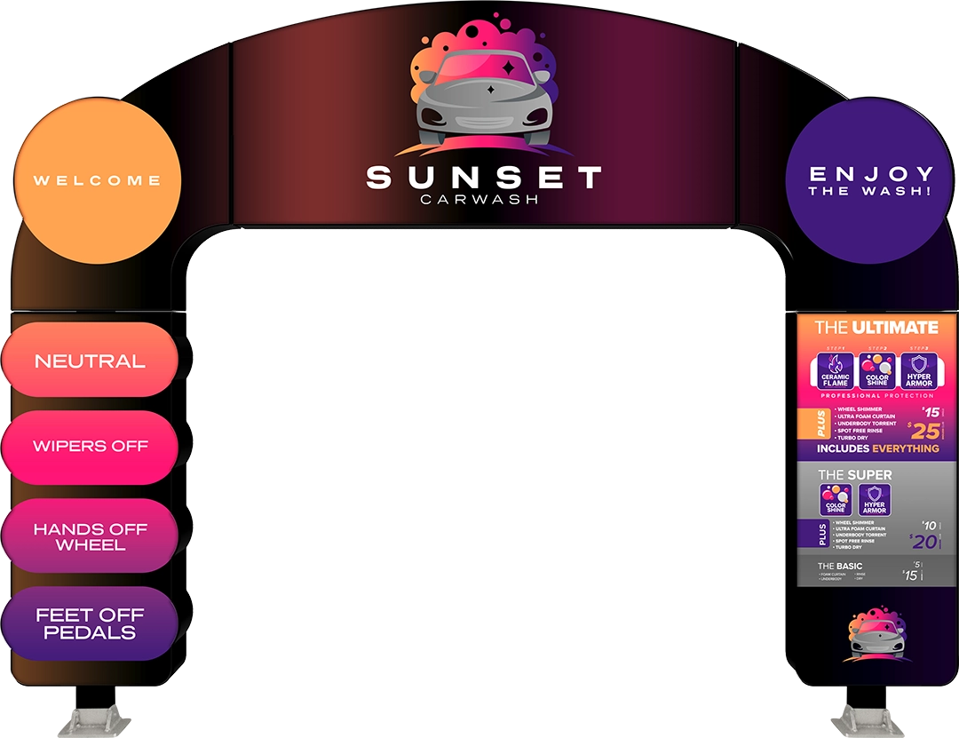 Digital Mega Arch Entry for car wash applications by ABC Wash Systems. Sunset theme with purple, pink, and orange gradient color scheme and Samsung digital screen.