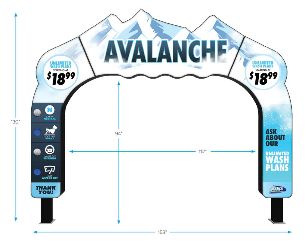 Grand Eclipse Arch Entry for car wash applications with measurement dimensions by ABC Wash Systems