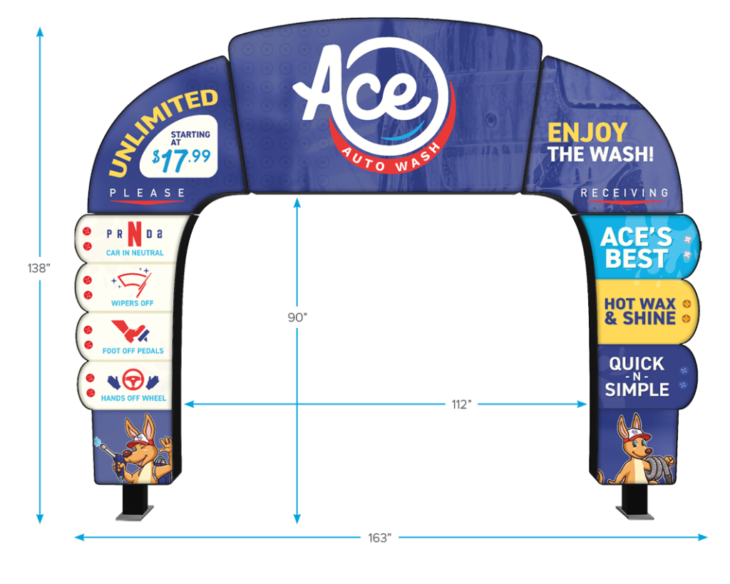 Grand Entry Arch car wash arch with dimension measurements by ABC Wash Systems.