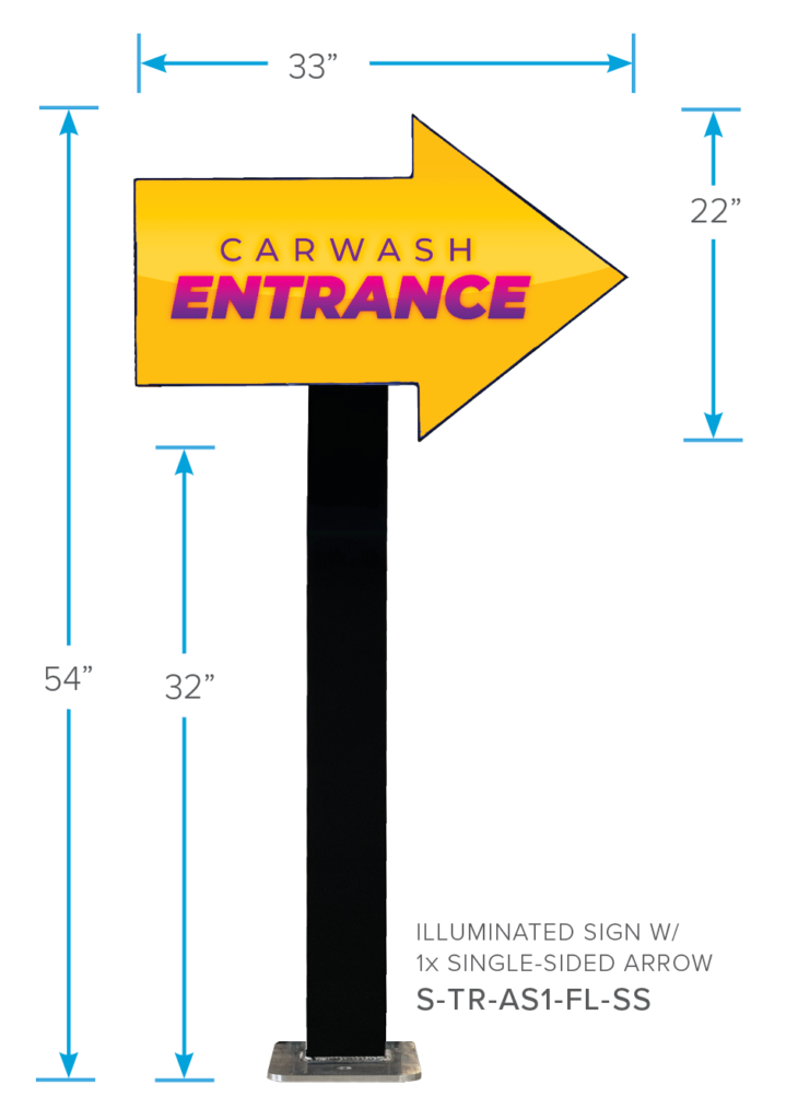 Dimension Measurements for Arrow Sign Traffic Fixture with 1x Arrows from ABC Wash Systems.