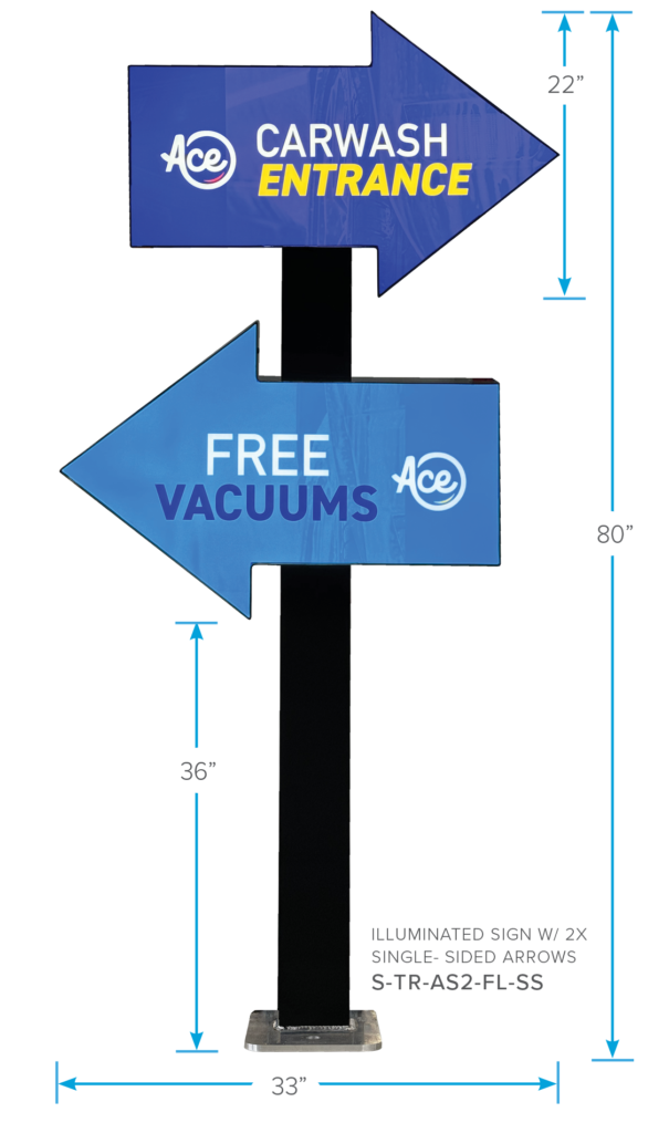 Dimension Measurements for Arrow Sign Traffic Fixture with 2x Arrows from ABC Wash Systems.