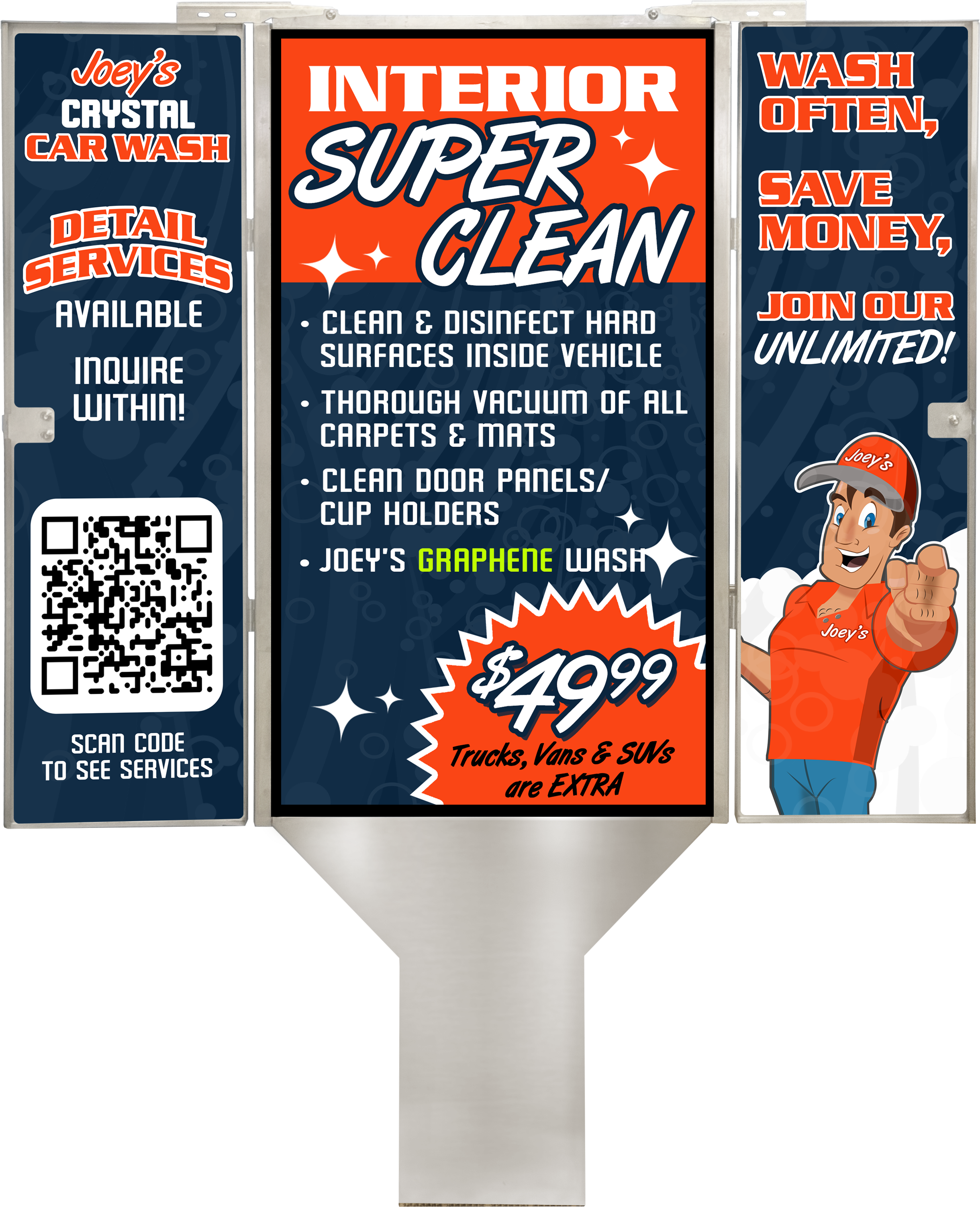 Car Wash Digital Sign Pro 55" Stainless Steel with Security Doors and Custom Branded 3M Decal by ABC Wash Systems.