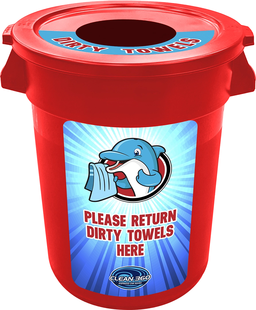Car Wash Towel and Trash Can with Lid by ABC Wash Systems.