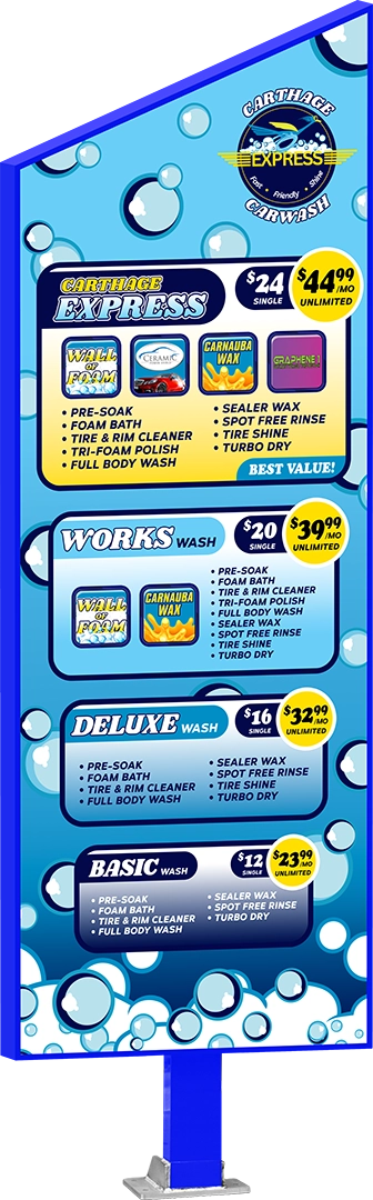 Slanted Slim Car Wash Menu by ABC Wash Systems.