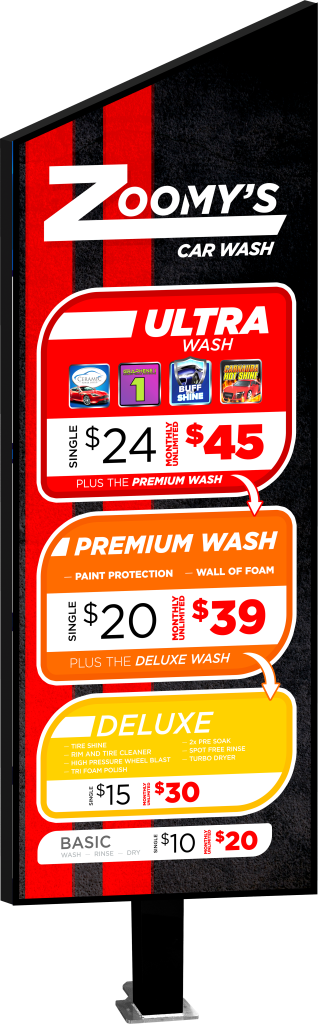 Car Wash Slanted Slim Menu by ABC Wash Systems.