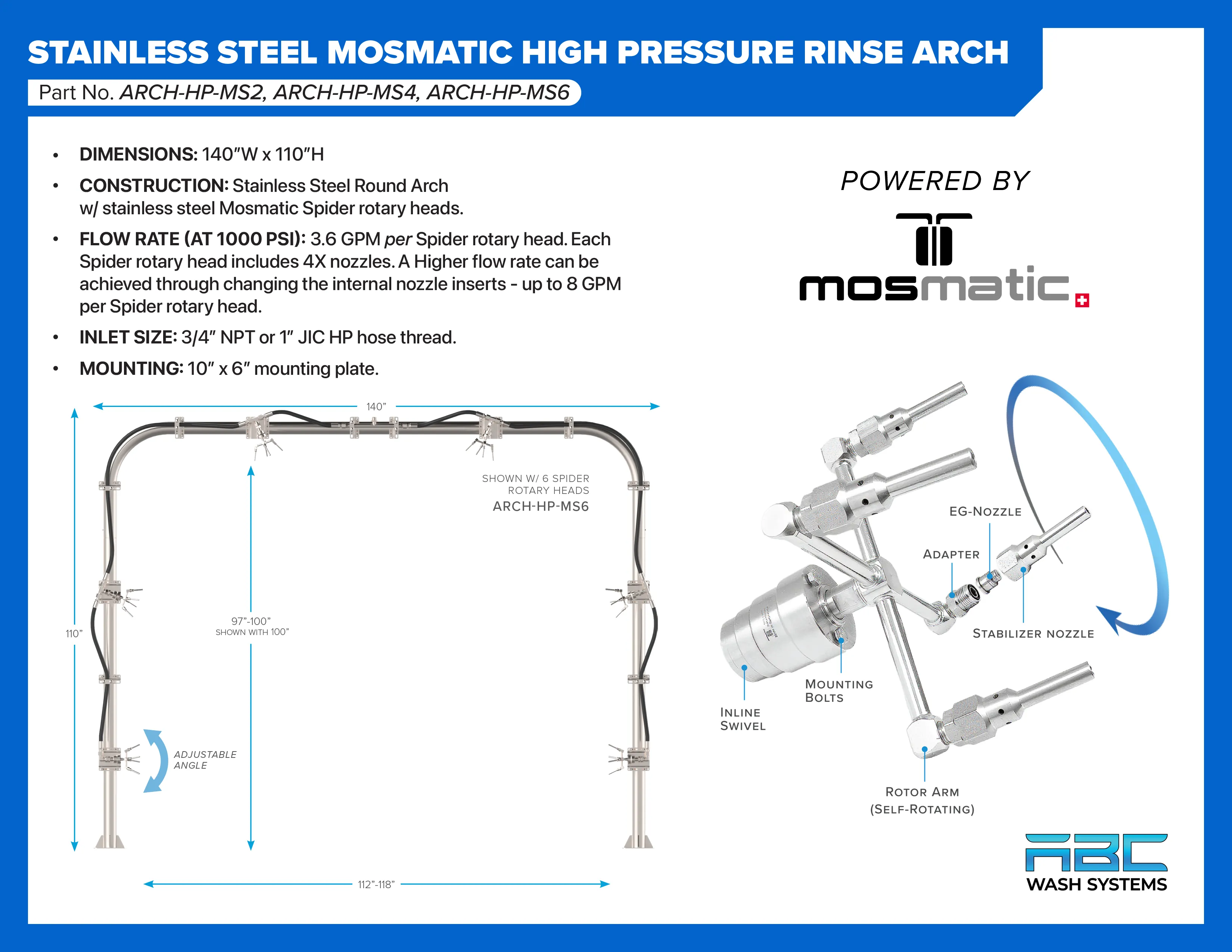 6X Head Mosmatic High Pressure Rinse Arch - Stainless Steel by ABC Wash Systems.